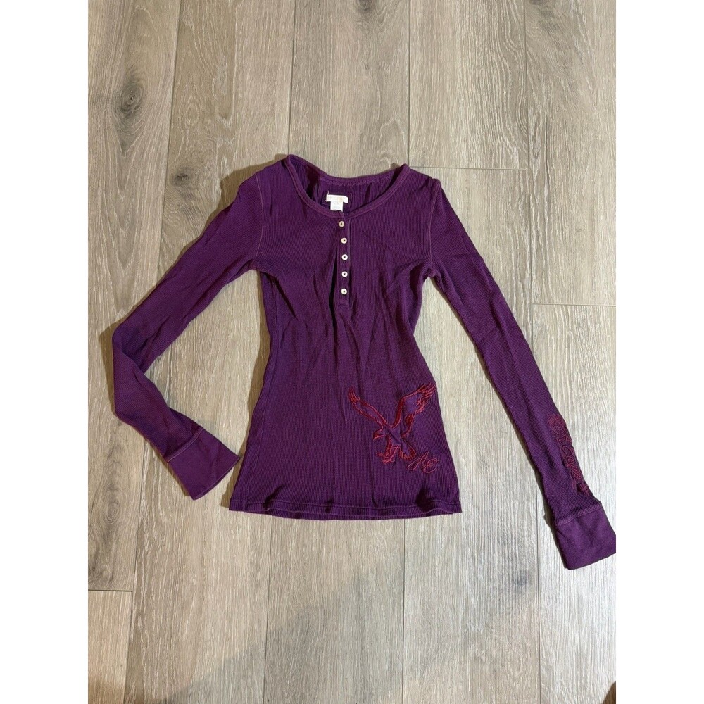 Vtg Y2K American Eagle Shirt Women Sz S Purple Waffle Henley Bella Swan Style